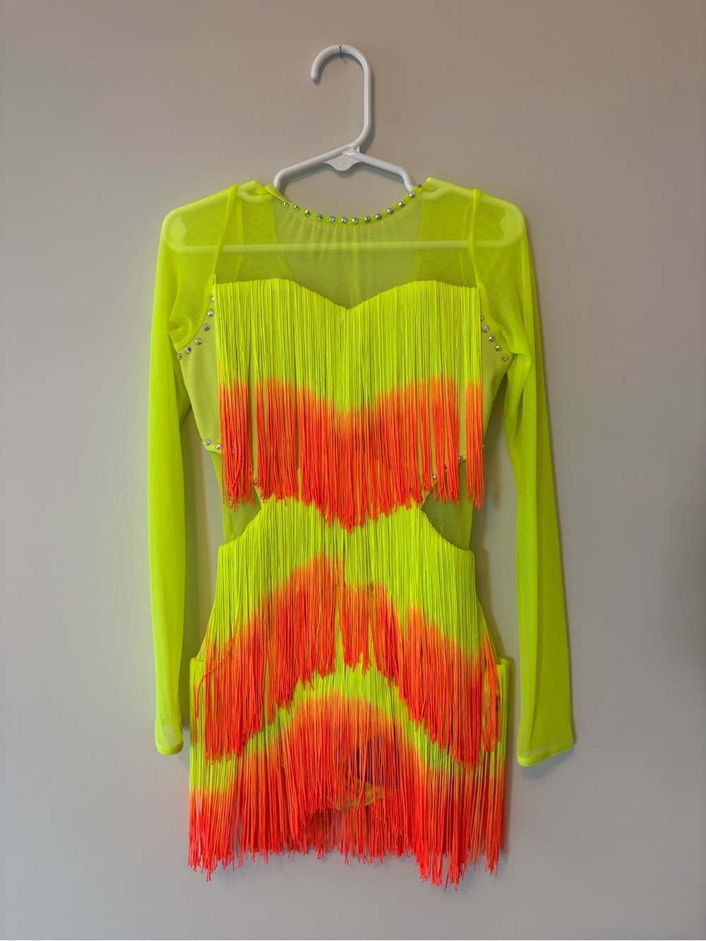 Neon Lime & Orange Fringe Long Sleeve Jazz Costume with hairpiece